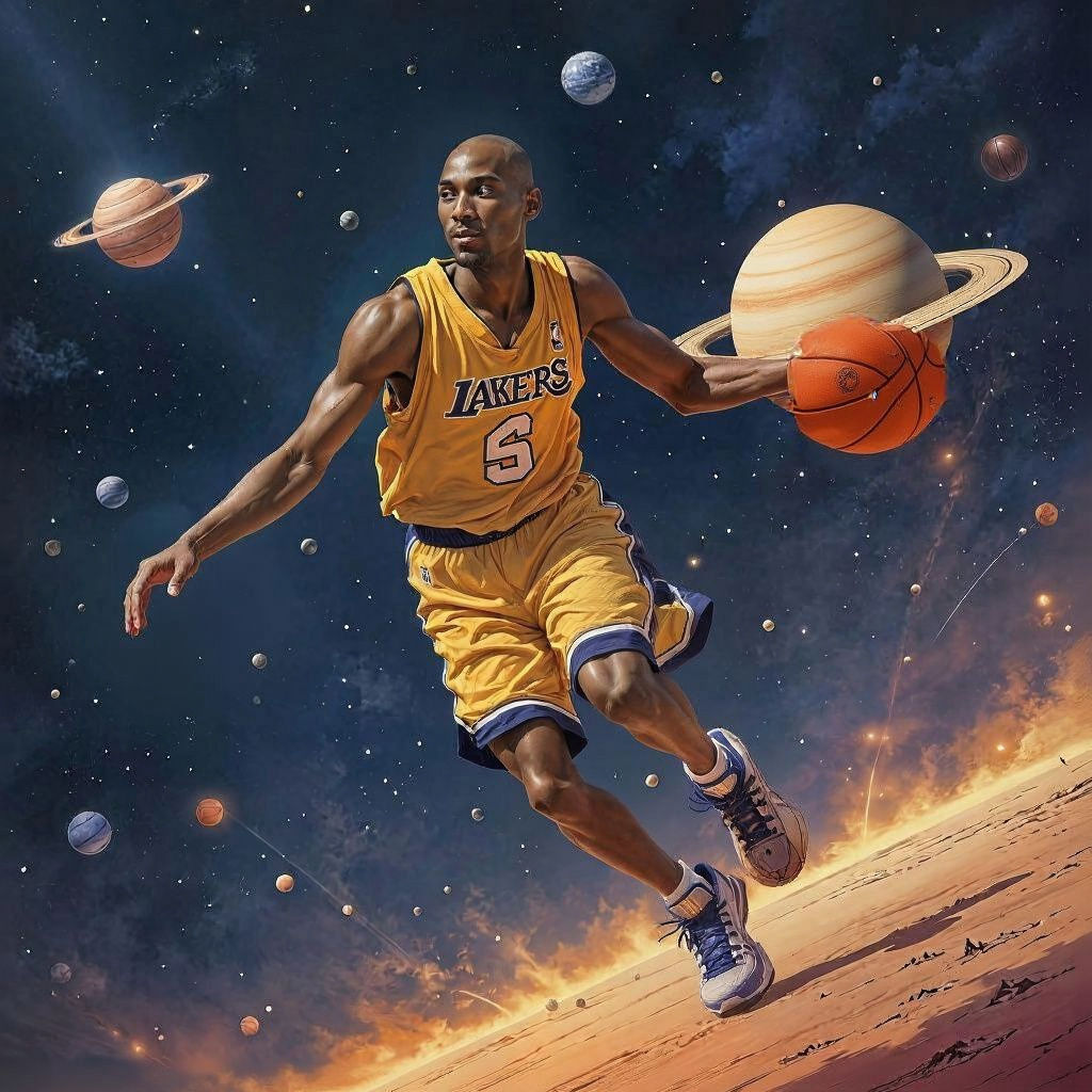 Kobe playing basketball in space with the planets