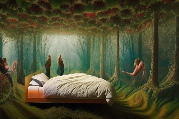 beautiful surreal bed made of people in hug, in warped persp...