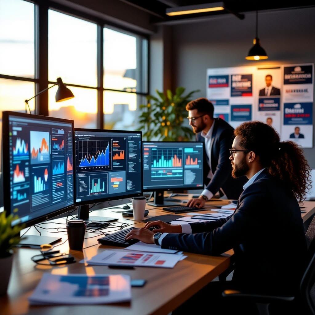Photojournalistic documentary style image of a diverse political campaign team working intensely in a modern war room, large screens display...