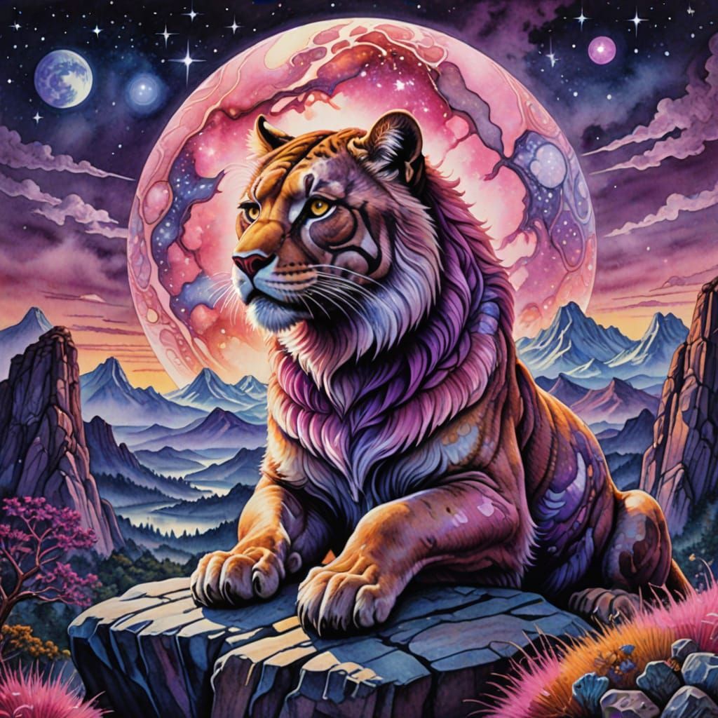 picture a saber-toothed cat, its fur swirling with psychedelic patterns of pink and purple, resting on ...  by @Bonnie Horzepa