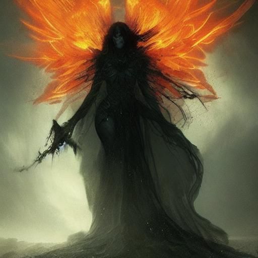 A lithe evilly gorgeous dark evil demoness (devilish beautiful black-feathered winged woman) dressed in a long flowing transparent gown blur...