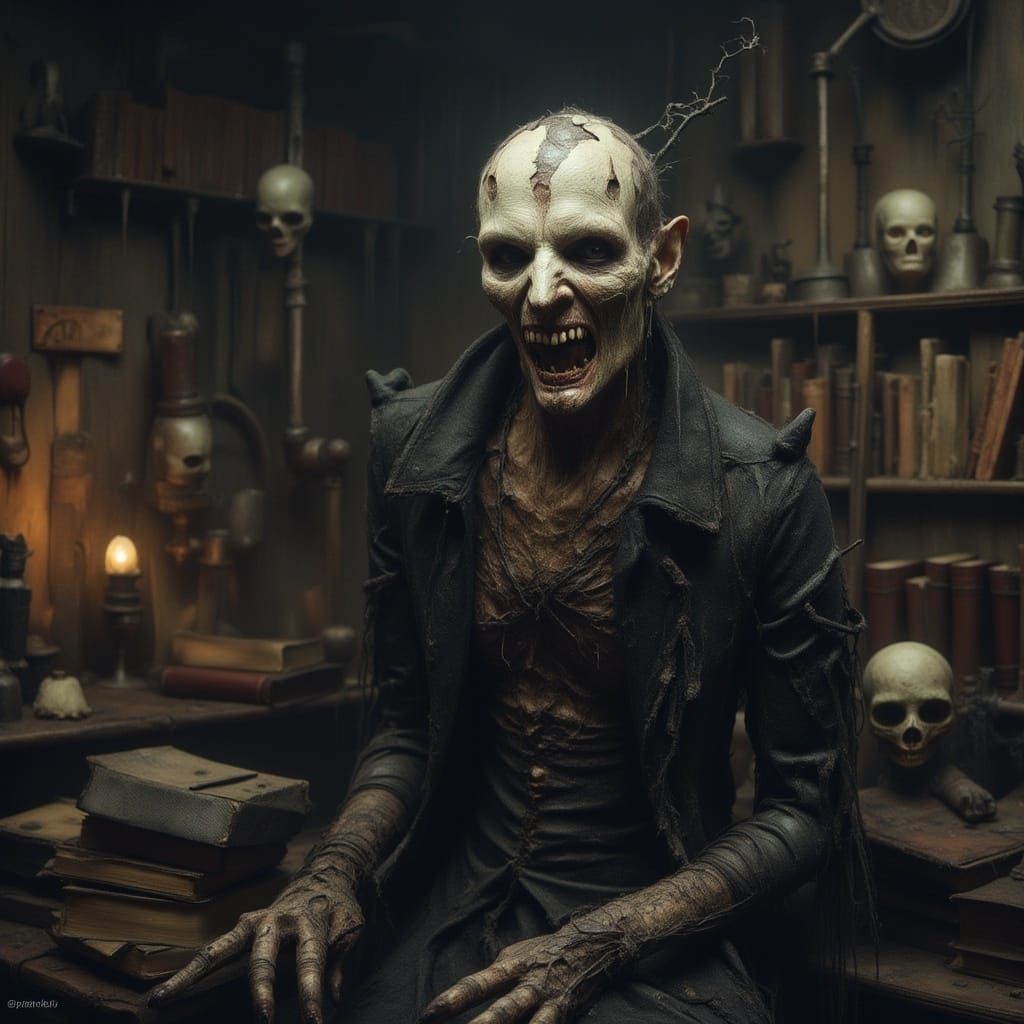 <lora:Nightmare v2:1.0>Complex close Photo portrait of a evil raging ghoul , broken skin , in a old victorian lab by  Dieselpunk goth terror...