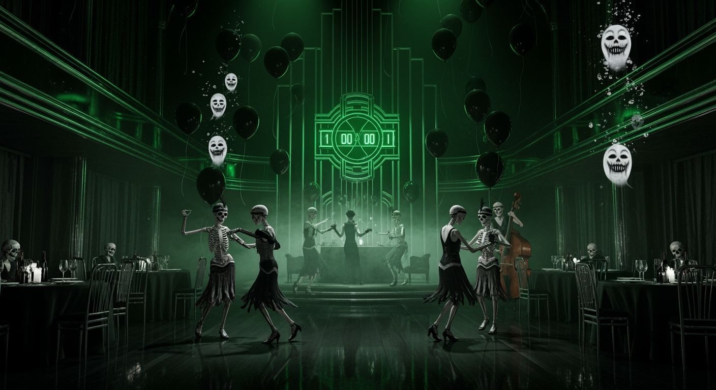 A haunted Art Deco ballroom, all chrome and obsidian glass, where skeletal dancers in tattered flapper dresses swirl to silent jazz. A spect...