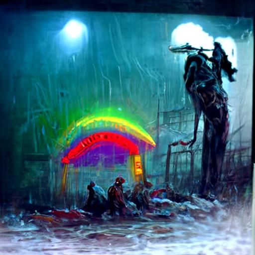 Neon rainbow Cafe sign. Raining early morning.