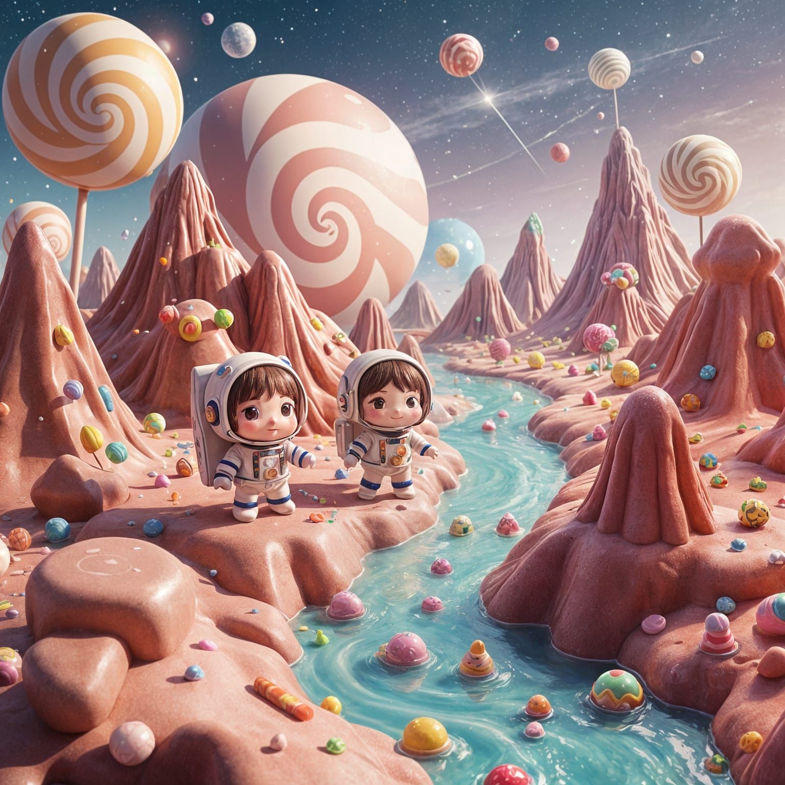 imagine a group of adorable, chibi-style astronauts exploring a candy-colored planet made entirely of ...  by @Lialace
