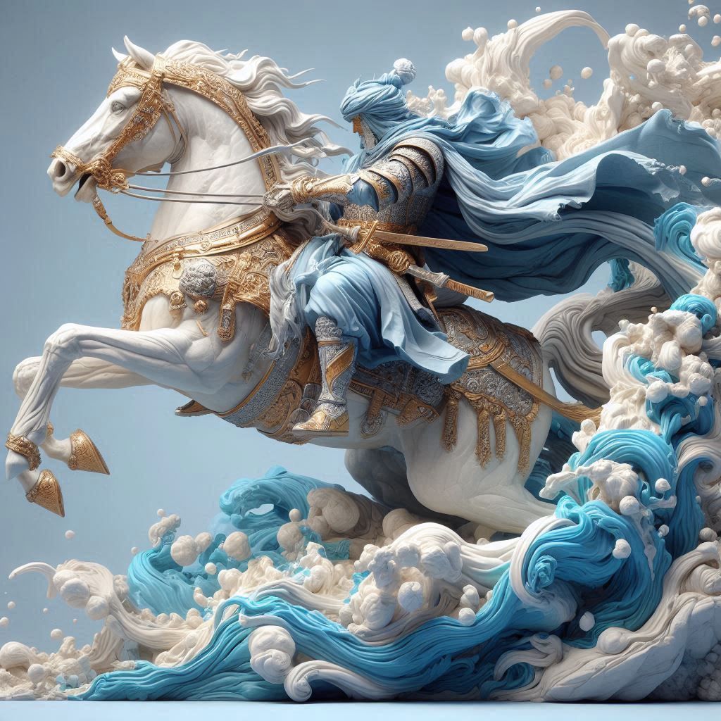 desert fighter in blue and silver armor riding a white horse