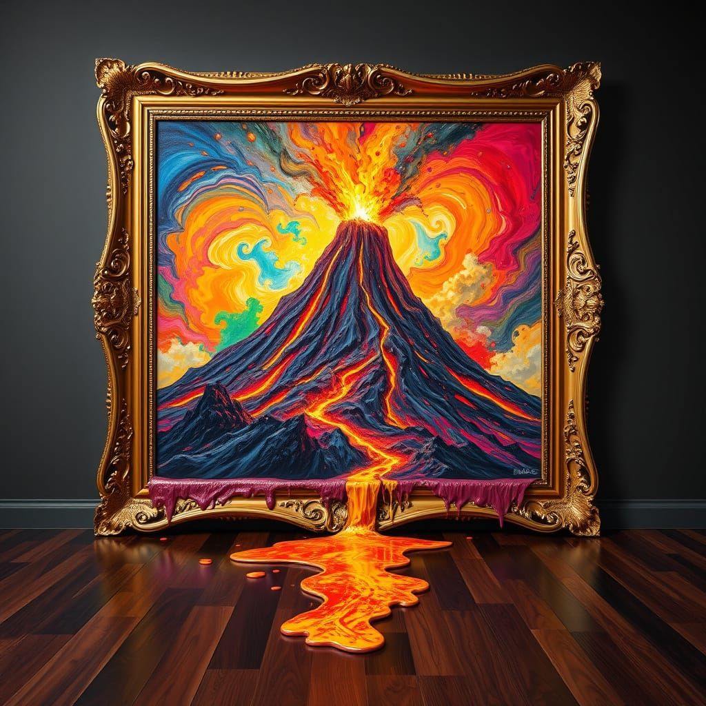 A volcanoe painting dripping out of the frame with paint oozing onto the floor in a gallery