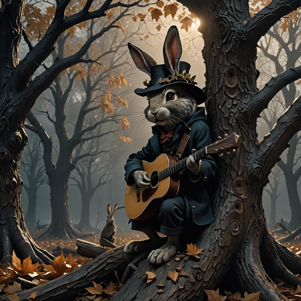 Rabbit Plays Guitar in Dark Fantasy Landscape
