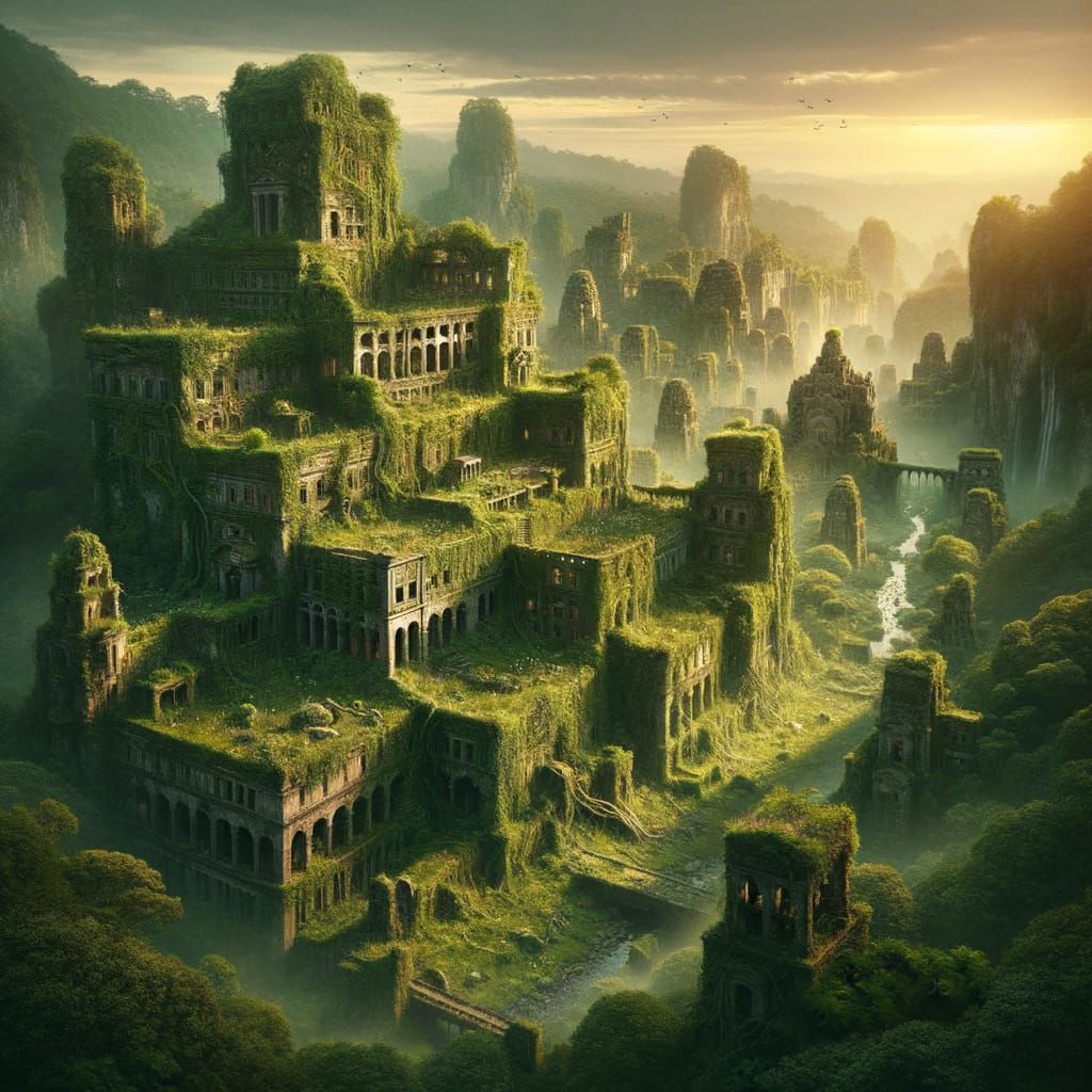 Viewed through a weathered sandstone arch, a vast abandoned city spans three biomes: far left, desert ruins rise from golden dunes with sun-...