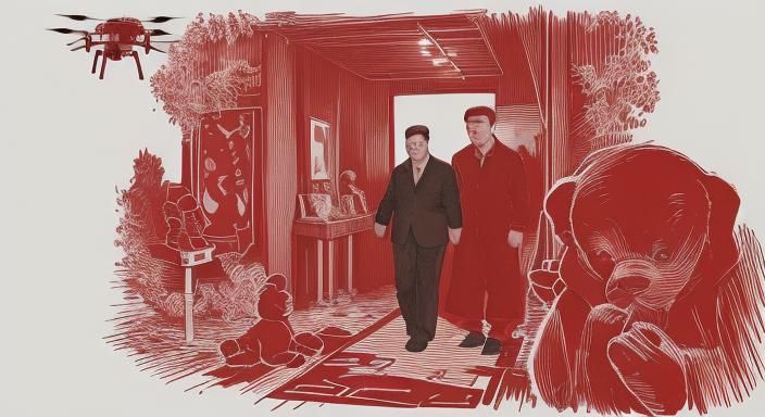 Xi Jinping holding hands with Winnie the Pooh, surrounded by...