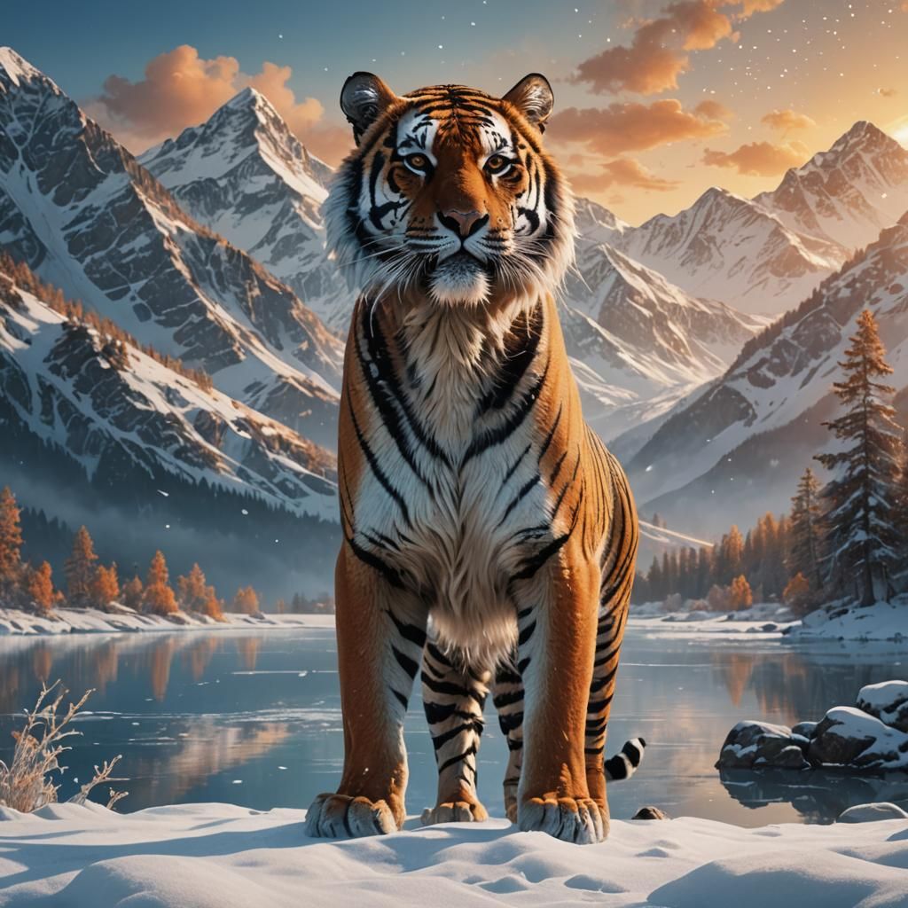 Majestic Tiger Reflects in Alpine Snowscape