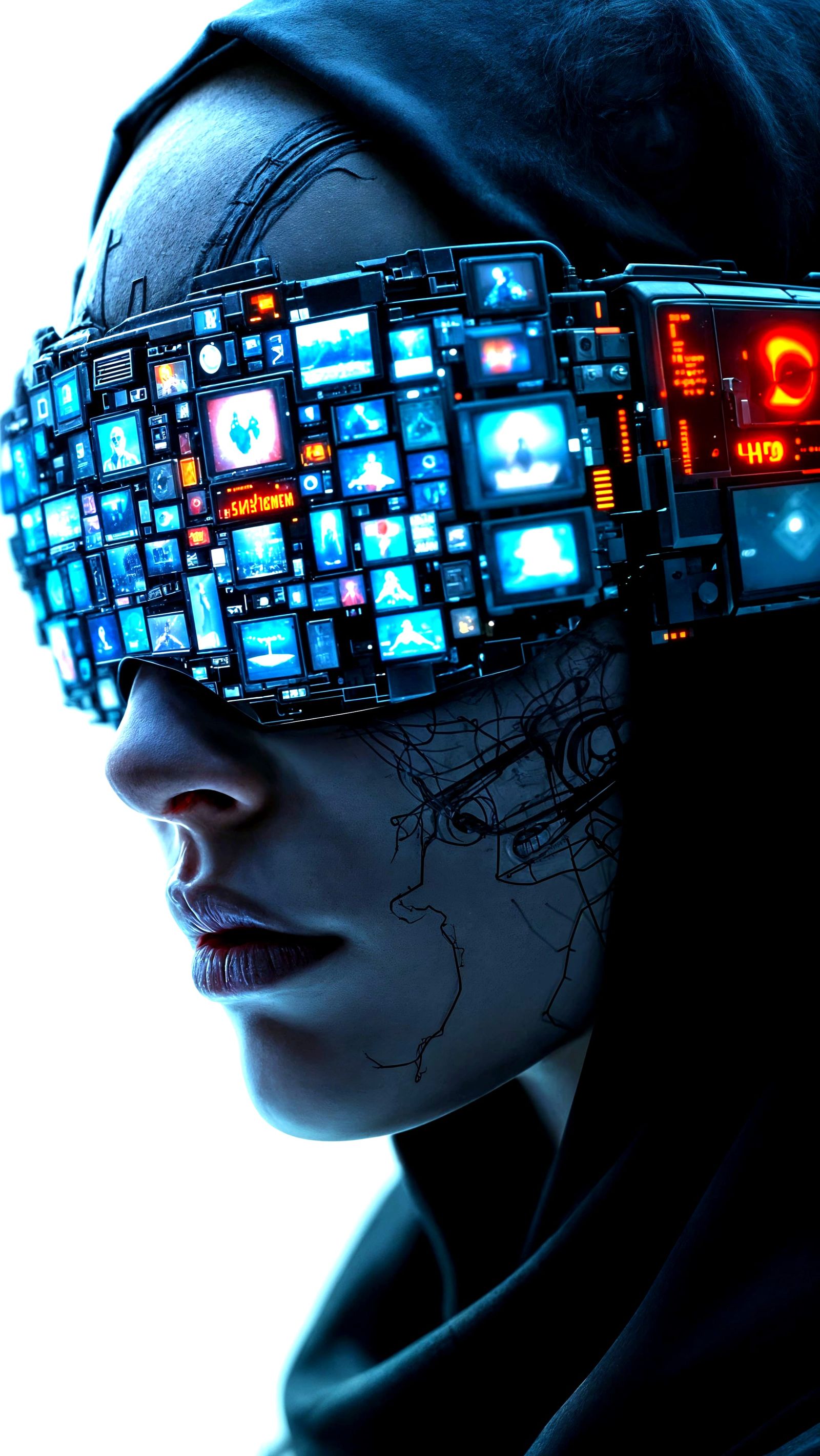 Cyberpunk Monk with TV Blindfold in Existential Horror