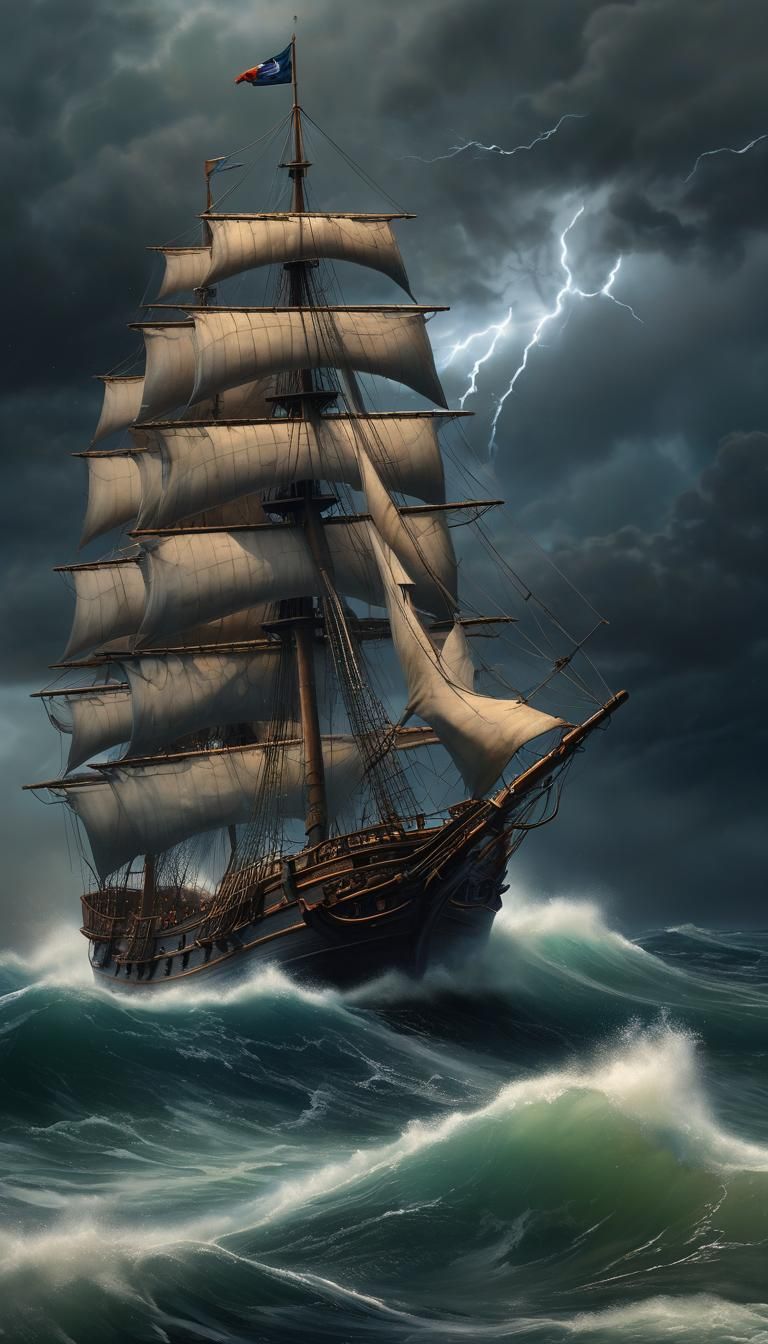 A breathtaking, hyper-realistic masterpiece of a pirate ship...