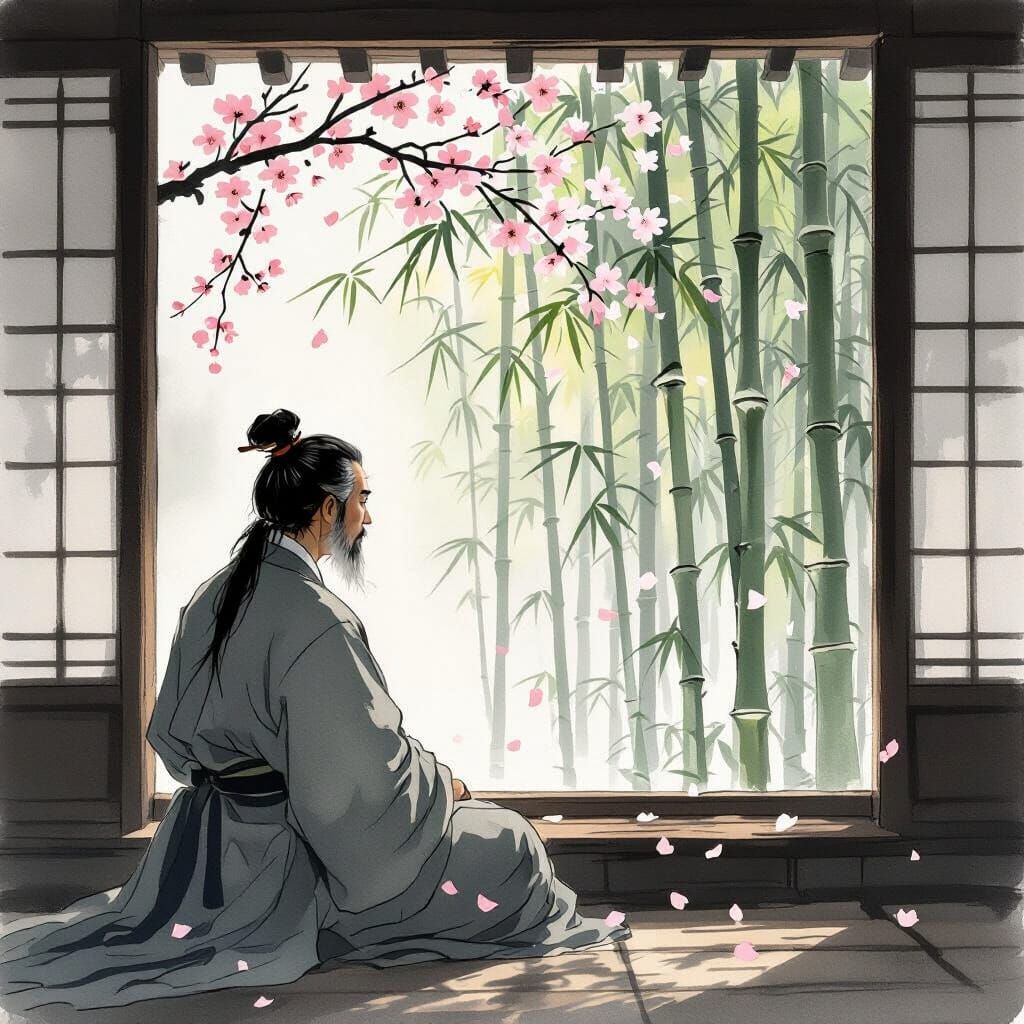 Korean Scholar Gazes at Bamboo Forest in Ink Wash Style
