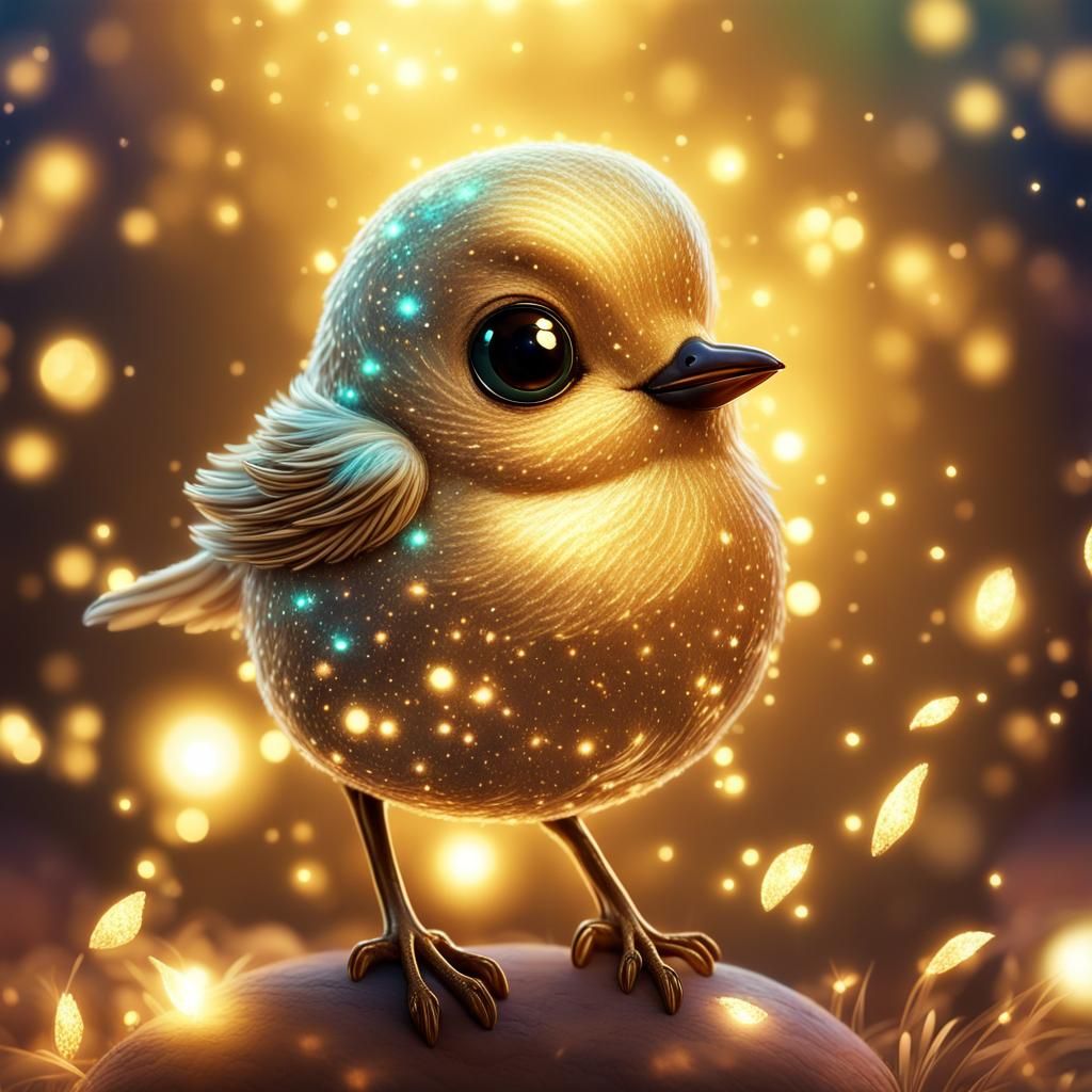 A Whimsical Adorable Cute Chibi Baby Bird Composed Of Glowin...