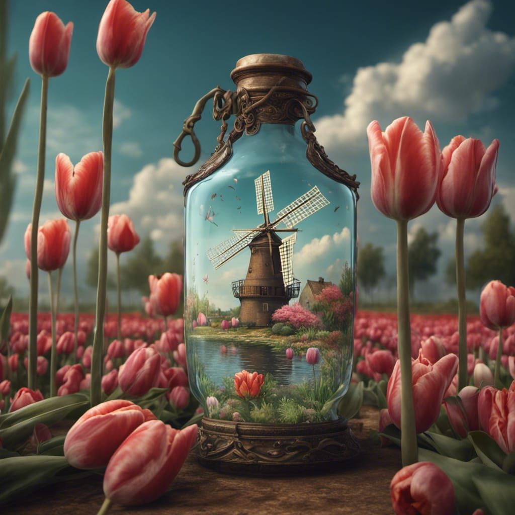 Tulips and windmills in Holland, seen through an ornate glass bottle. false
