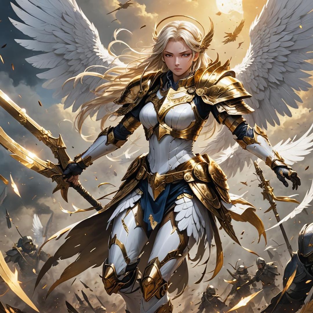 Aasimar, winged woman, white feathers, golden armor, glaive and shield ...