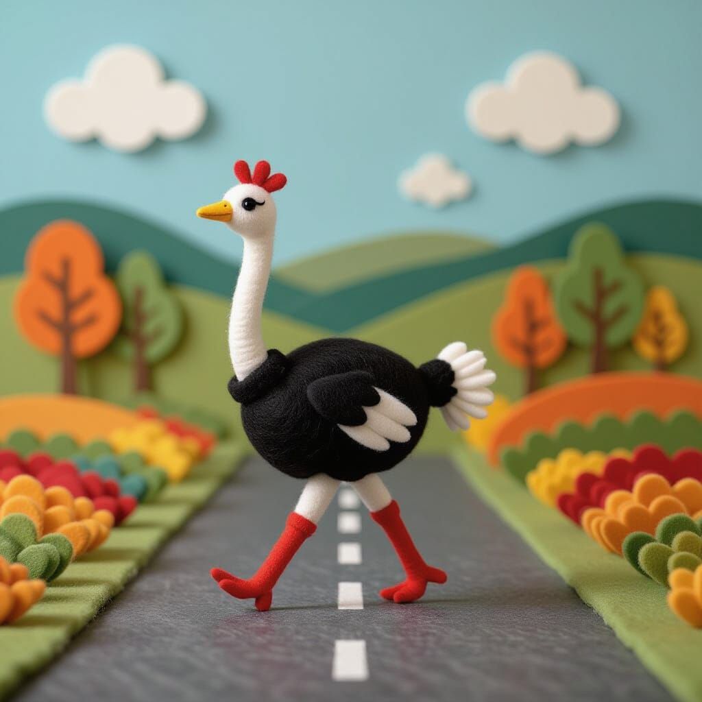 Whimsical Felt Ostrich on Deserted Road
