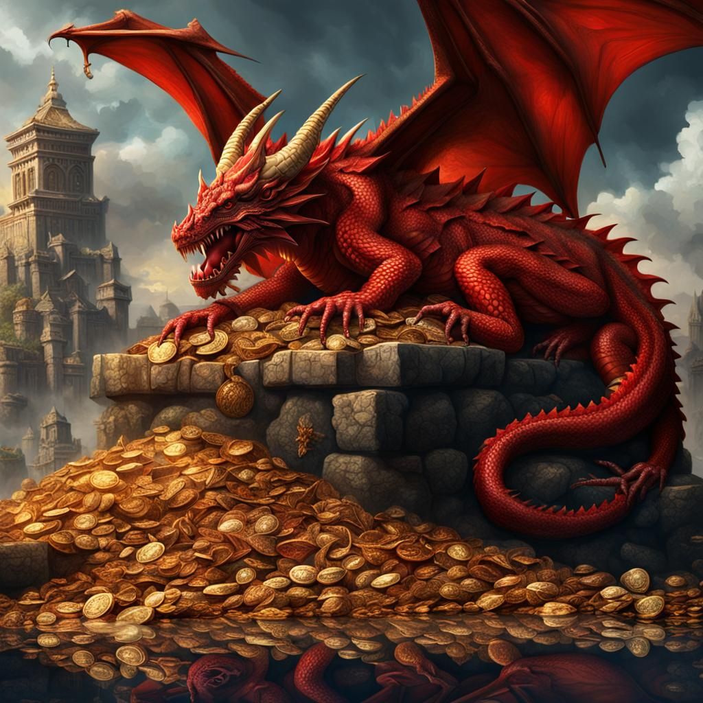 A large red dragon sleeping on its pile of treasure.