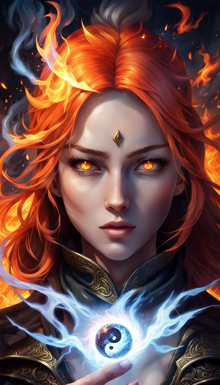 fire and ice ratio, Yin an Yang in the middle of her forehead, fire mage, beautiful face, detailed face, beautiful fiery...