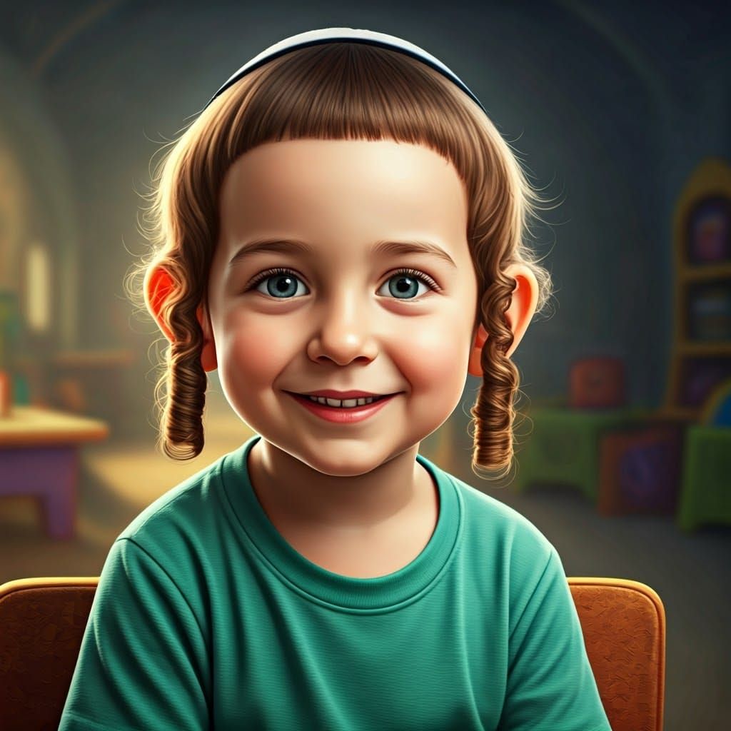 Ultra-Orthodox Boy in Whimsical Cartoon Setting