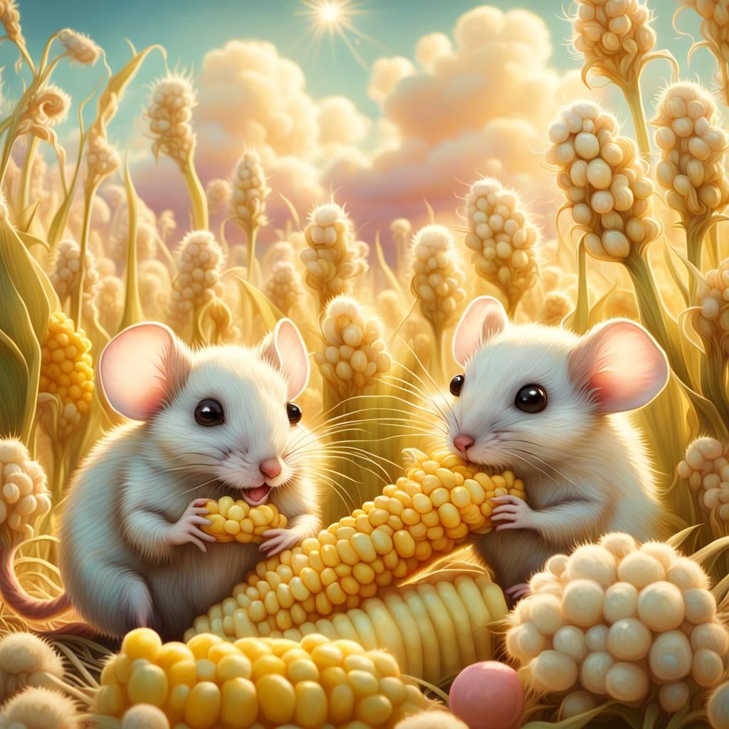 cute field mice eating corn in field Cinematic film still, C...