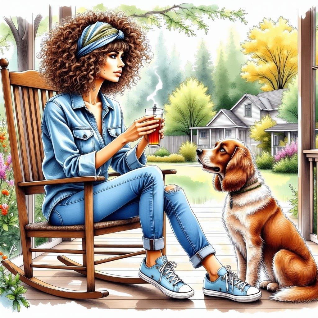 <lora:BeautifulPaintingFx:1.0> a stunning woman, curly hair and boho headscarf, blue eyes, wearing a light blue flannel shirt, jeans and sne...