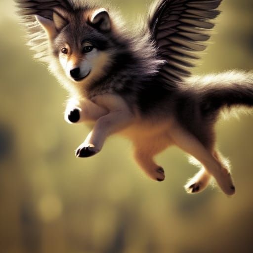 A baby wolf with wings, flying, wings, cute