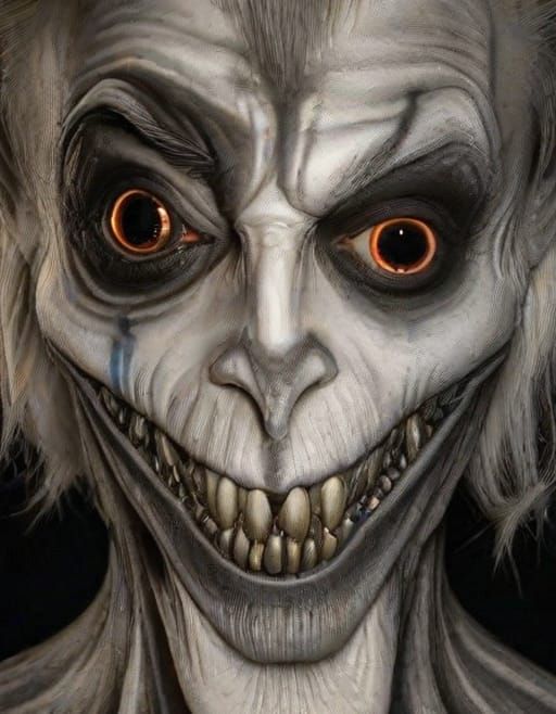 Terrifying horror art creation of an evil demon joker hybrid monster evilly looking at the viewer with nothing but insan...