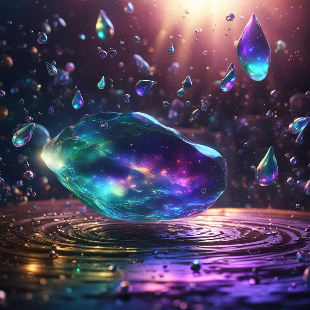 Iridescence clear teardrops falling though a star filled spa...