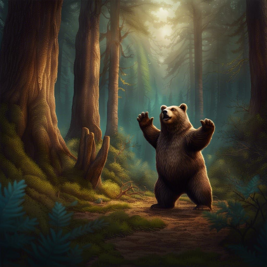 A friendly bear named Big Brownie standing in the forest cle...