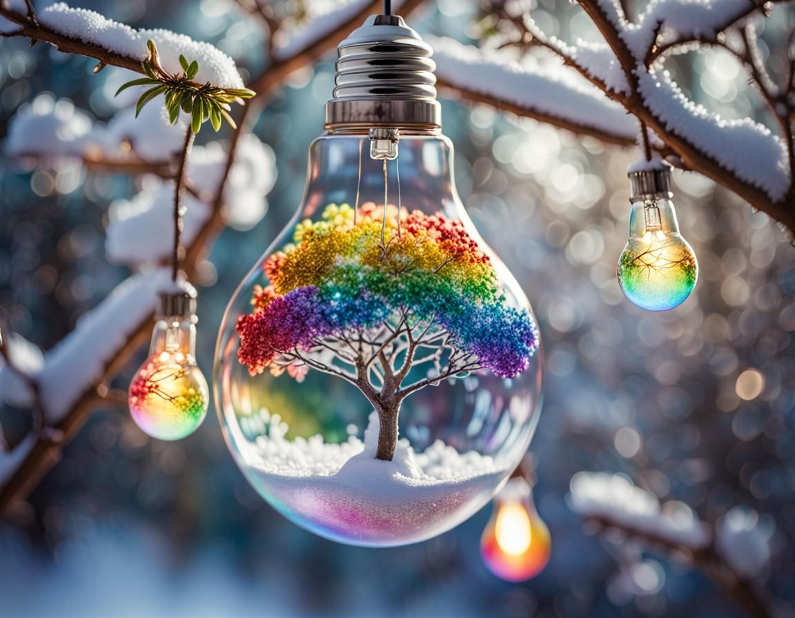 a sparkling irredentist  rainbow forest inside a glass light bulb hanging from a snow covered flower ...  by @Kindly Offer