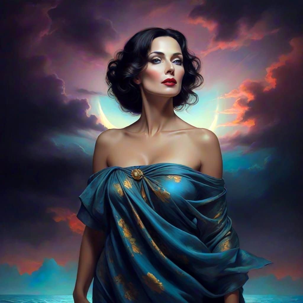 Surreal Midnight Goddess in Golden Moonlight