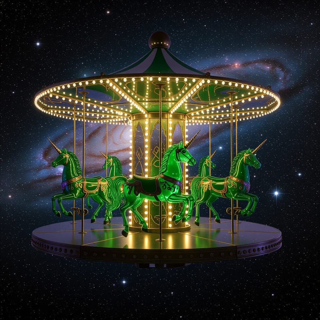A glass merry go round in space with green glass unicorns with 2 unknown galaxy's in the background.