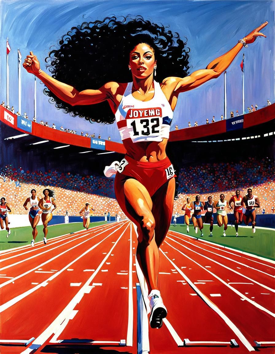 Florence Griffith Joyner running in track and field  by @Harry Mudd