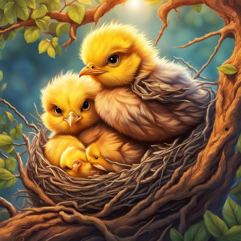 two chicks are sitting in its nest on a tree comics