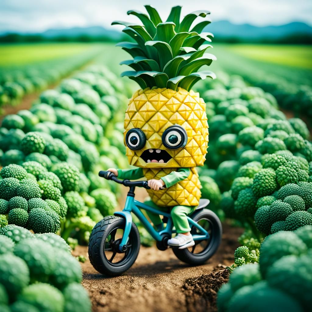 whimsical chibi pineapple with eyes on a one wheel bike with a helmet ...