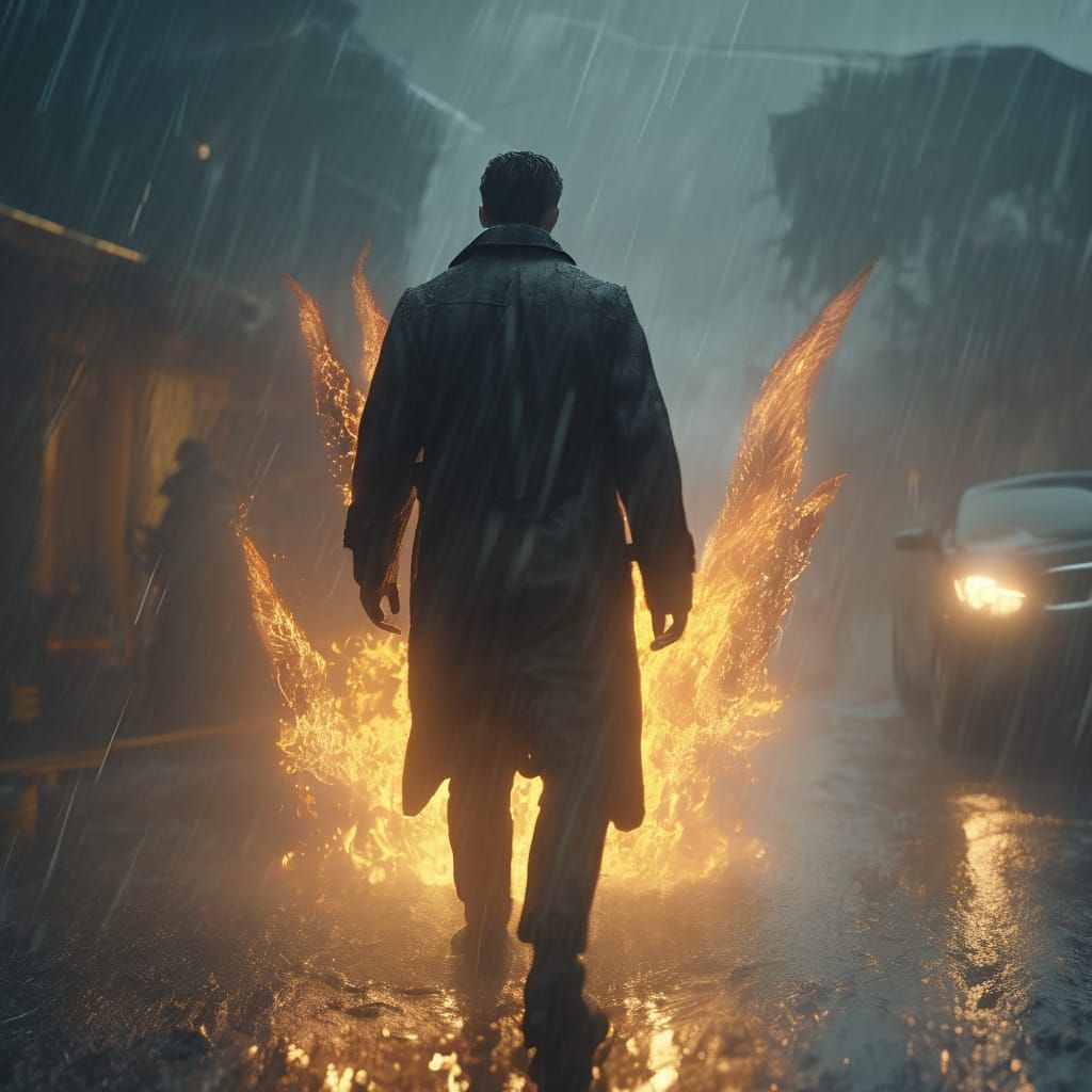 Raing with Flames on the sire with a dar hair male walking though 