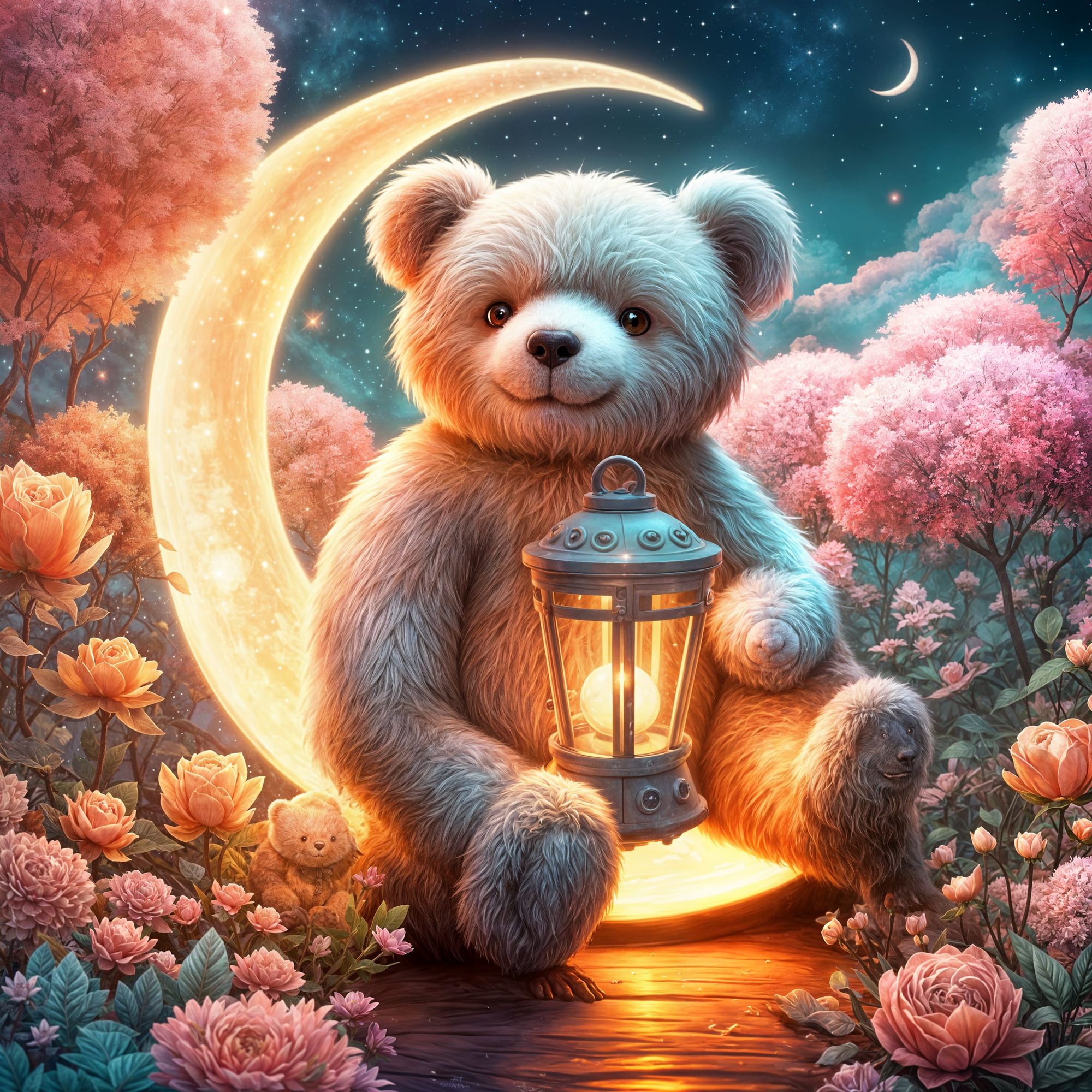 Teddy bear sitting on a crescent moon. 