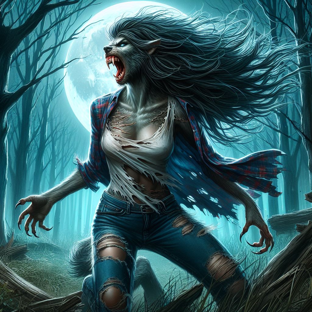 Female werewolf under full moon