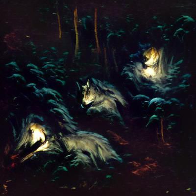 Wolves in a dark forest at night