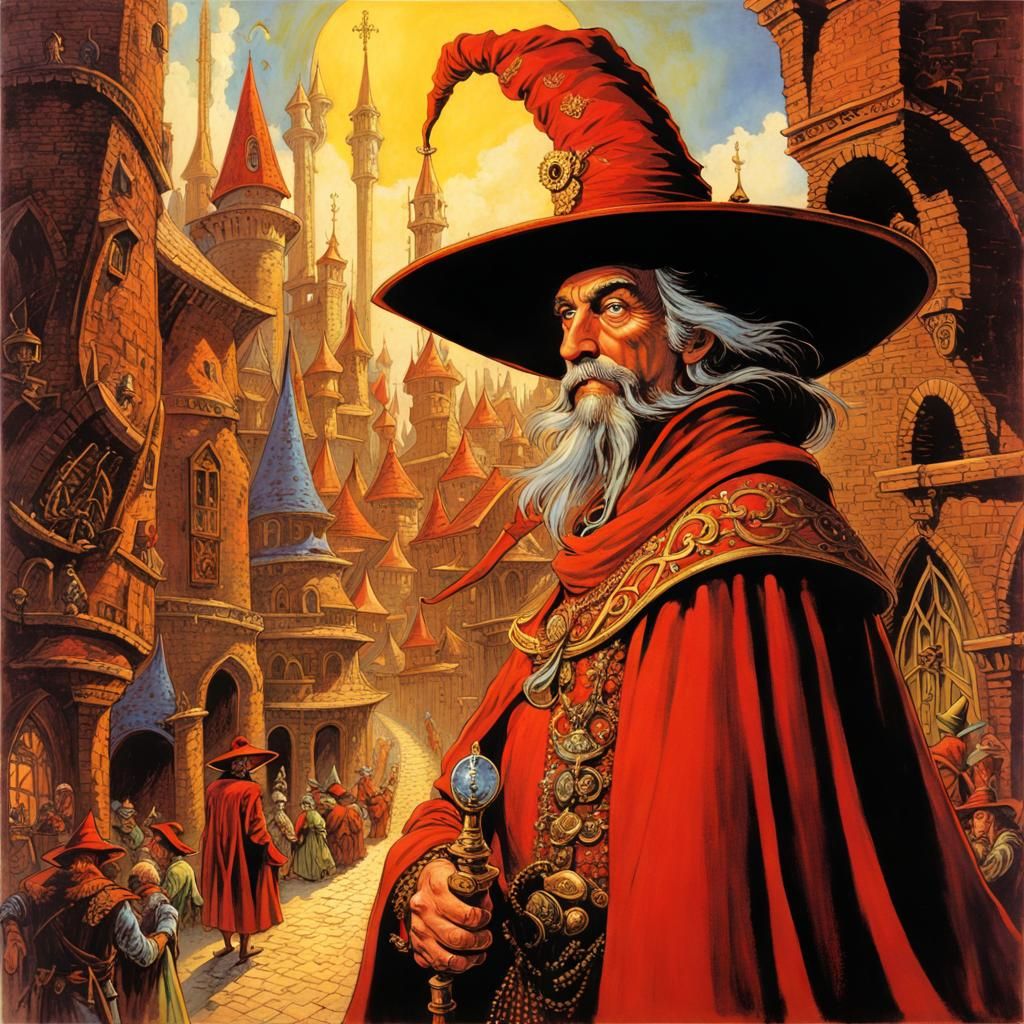 Rincewind, the wizard, scrawny whimsical with pointy hat, city of Ankh ...