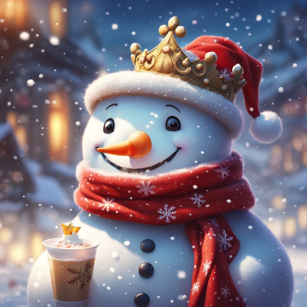 Snowman King Drinks Tea: Vibrant Digital Painting