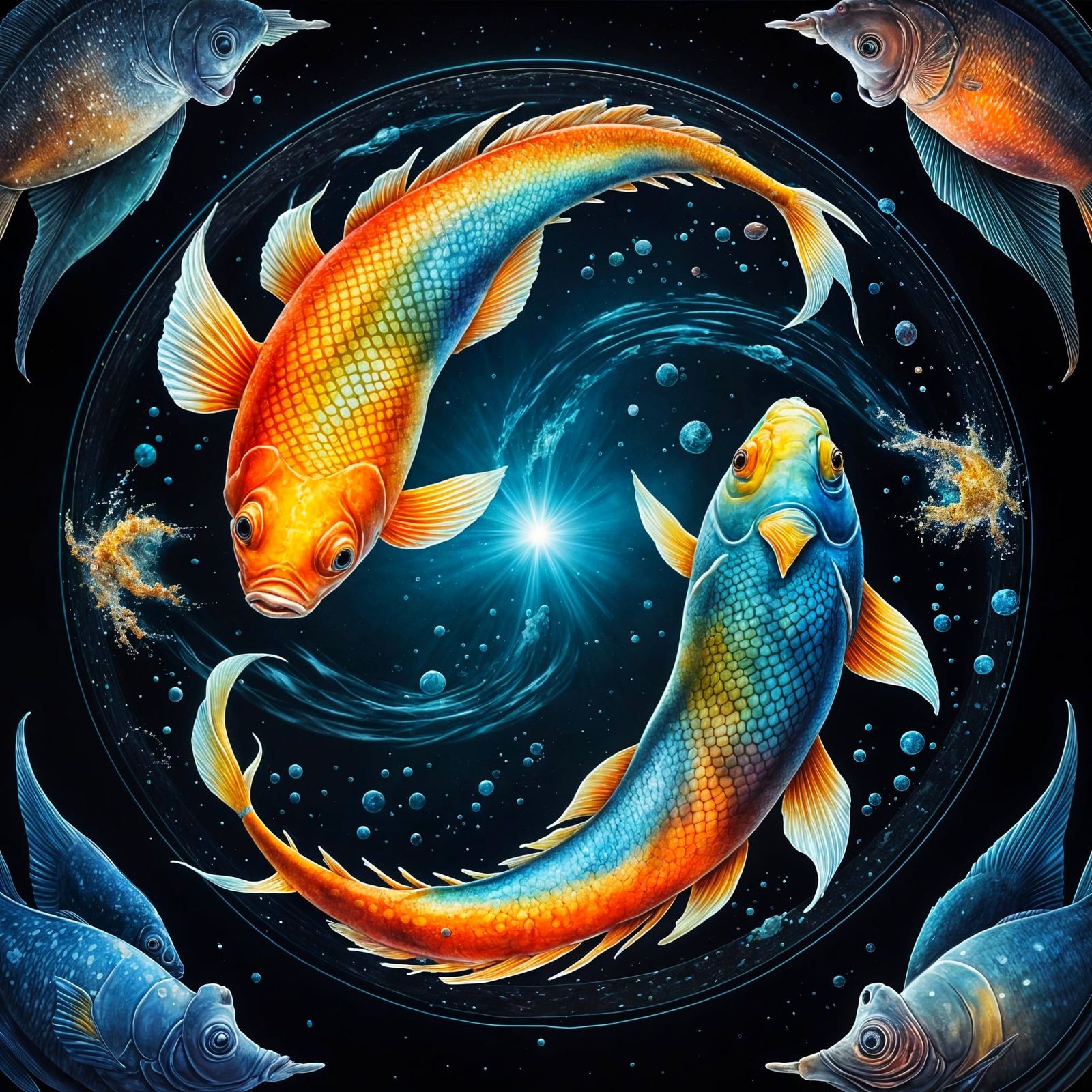 an extremely realistic image of two very colorful large fish swimming in a circular pattern nose to tail ...  by @Dantonio