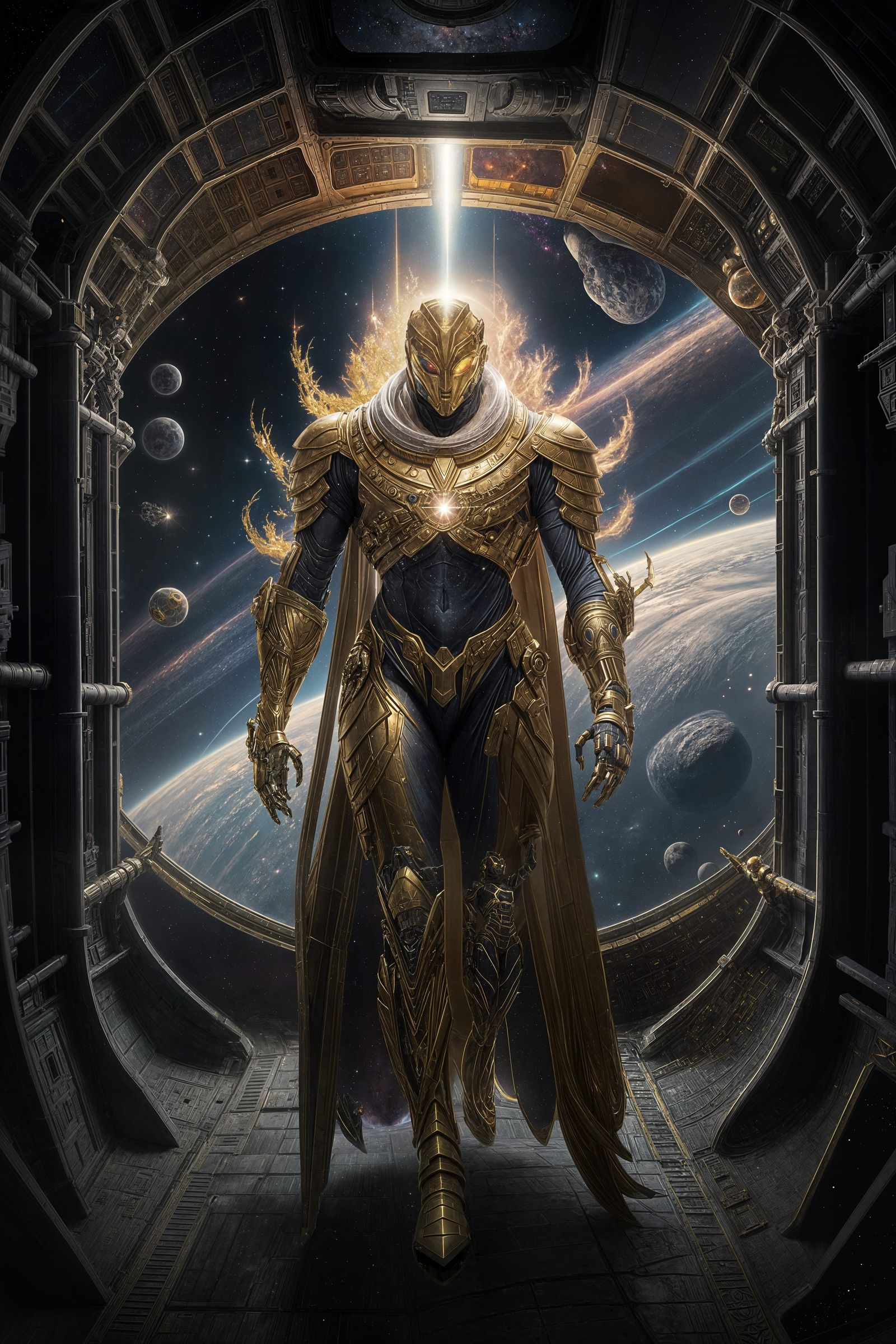 Amidst the silent corridors of an ancient space station, a cosmic sentinel awakens. Encased in golden armor, it holds ga...