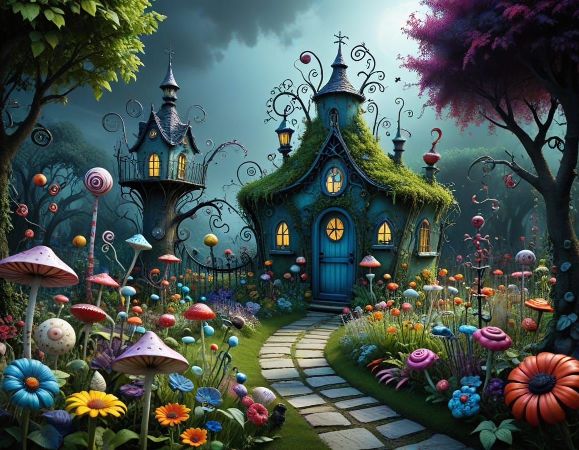Whimsical garden.  Vibrant Tim Burton