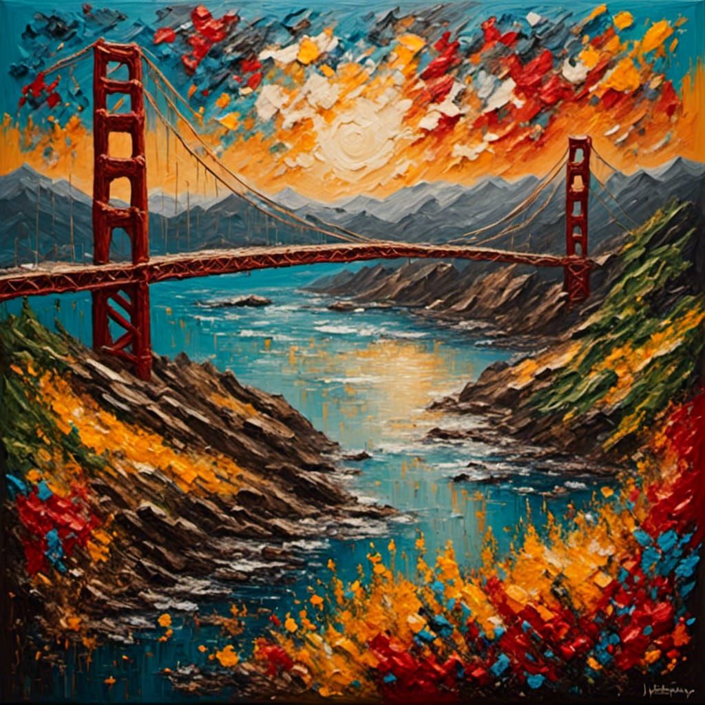<lora:ImpastoXL:1.3>  Golden Gate Bridge sunny day bold color colorful vibrant 