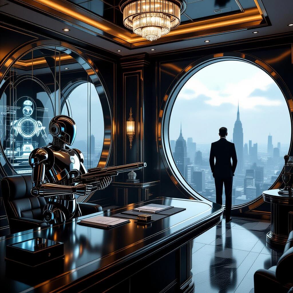 A luxurious, art deco penthouse apartment serving as a villain's command center. A sleek, chrome robot ...  by @Claudia Cecilia 