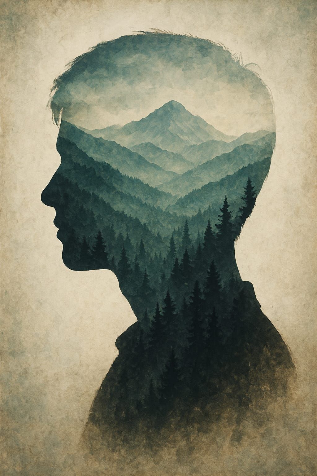 חשיפה כפולה של ראש גברי עם הטבע