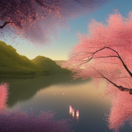 Chinese Paper Lanterns floating on a lake at sunset beneath ...